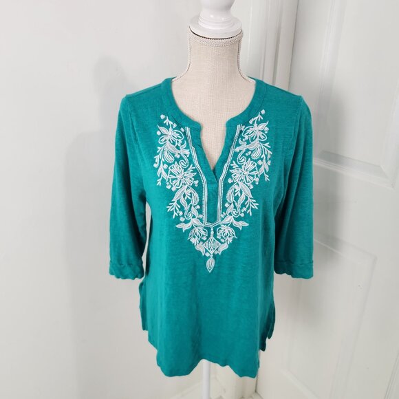 Chicos Top Womens 2 Blue Soft Linen Embroidered Boho Festival Side Slits - Picture 12 of 12